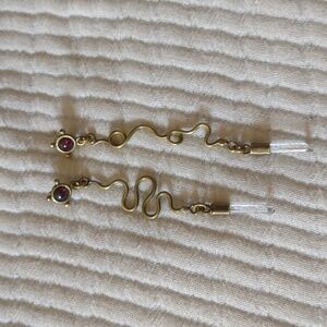 Brass Garnet and Quartz snake earrings